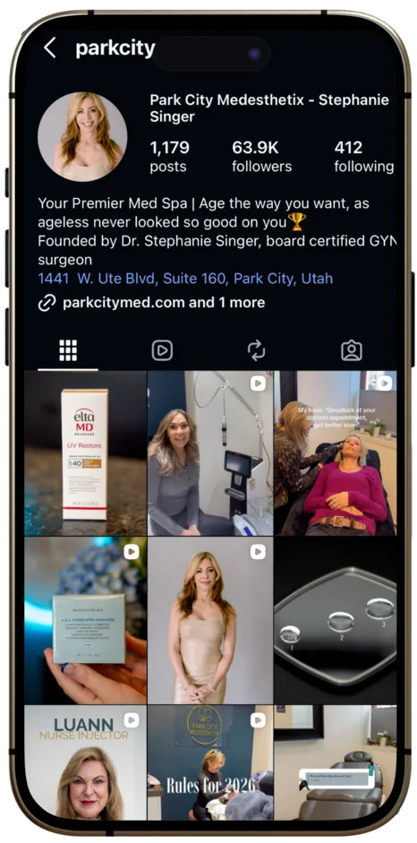 Park City Medesthetix Instagram profile showing 63.9K followers and medical spa treatment posts founded by Dr Stephanie Singer