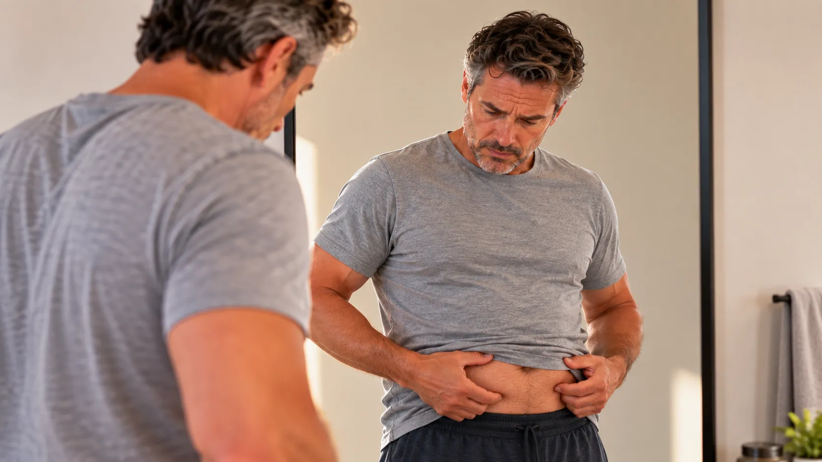 A man looking in the mirror and noticing he gain weight