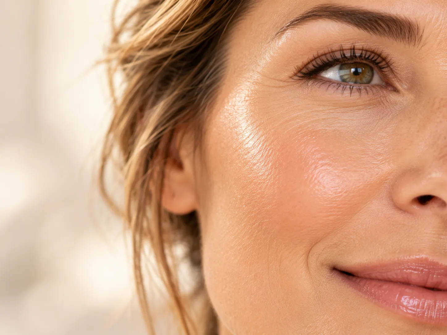 Close-up of clear, hydrated, glowing skin on the cheek.