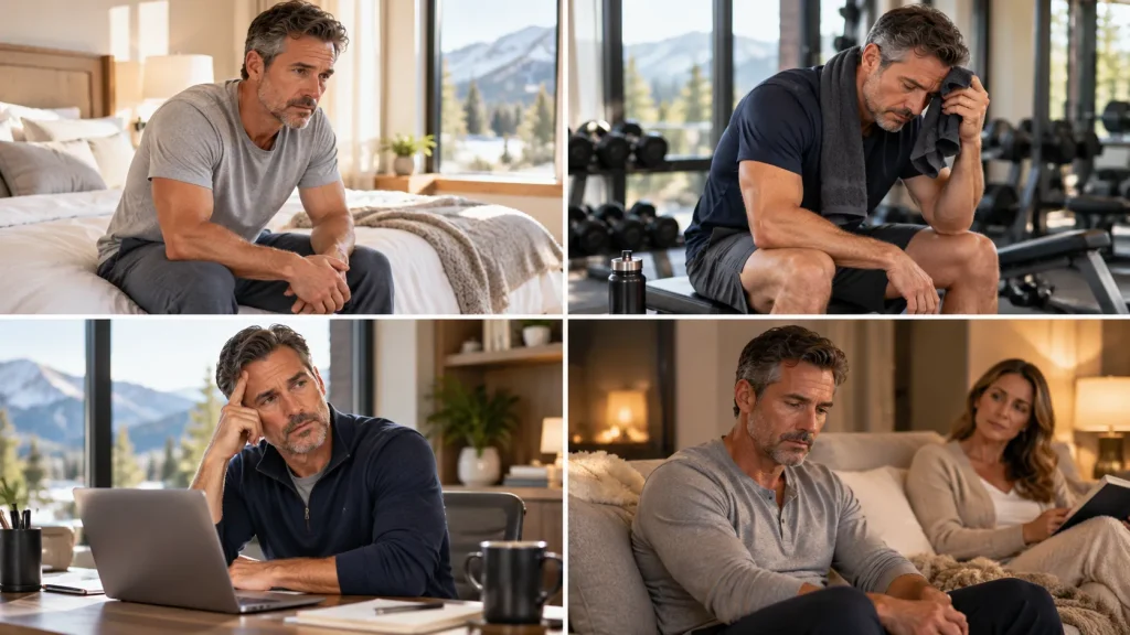 Multiple images of a man displaying symptoms of low Testosterone