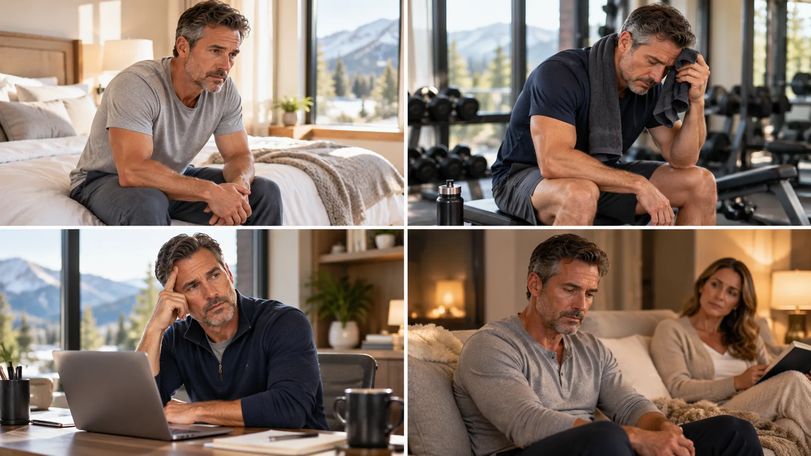 Multiple images of a man displaying symptoms of low Testosterone